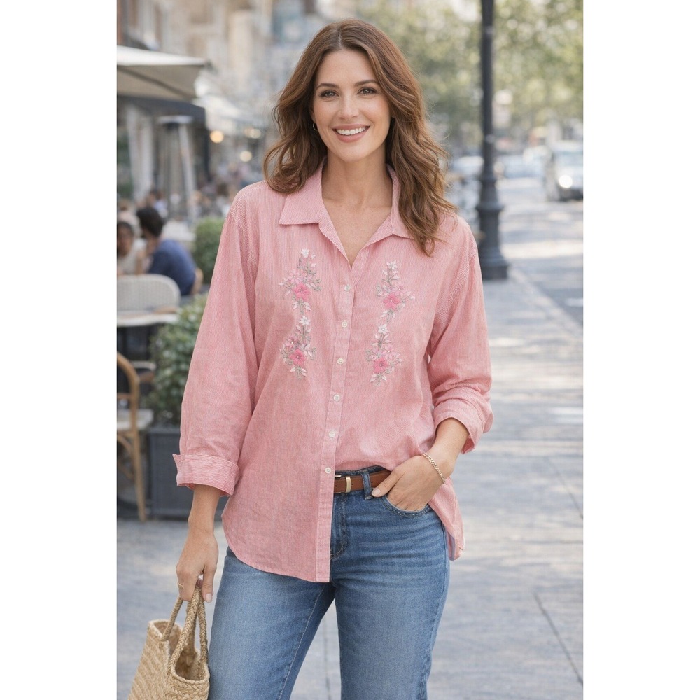 Rainbow Sportswear Red White Stripe Floral Embroidered Button Up Shirt Womens 2X